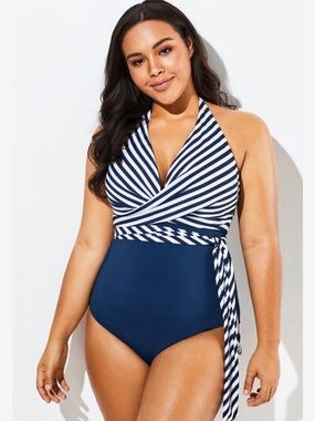 Striped Halter Wrap One-Piece Swimsuit in Navy and White